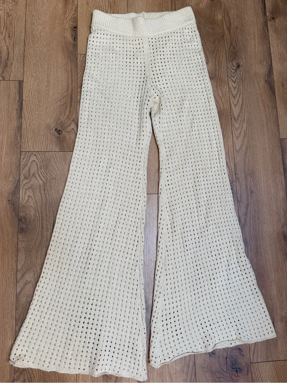 Elan Cream Open-Knit Wide-Leg Pants with Neutral Tone